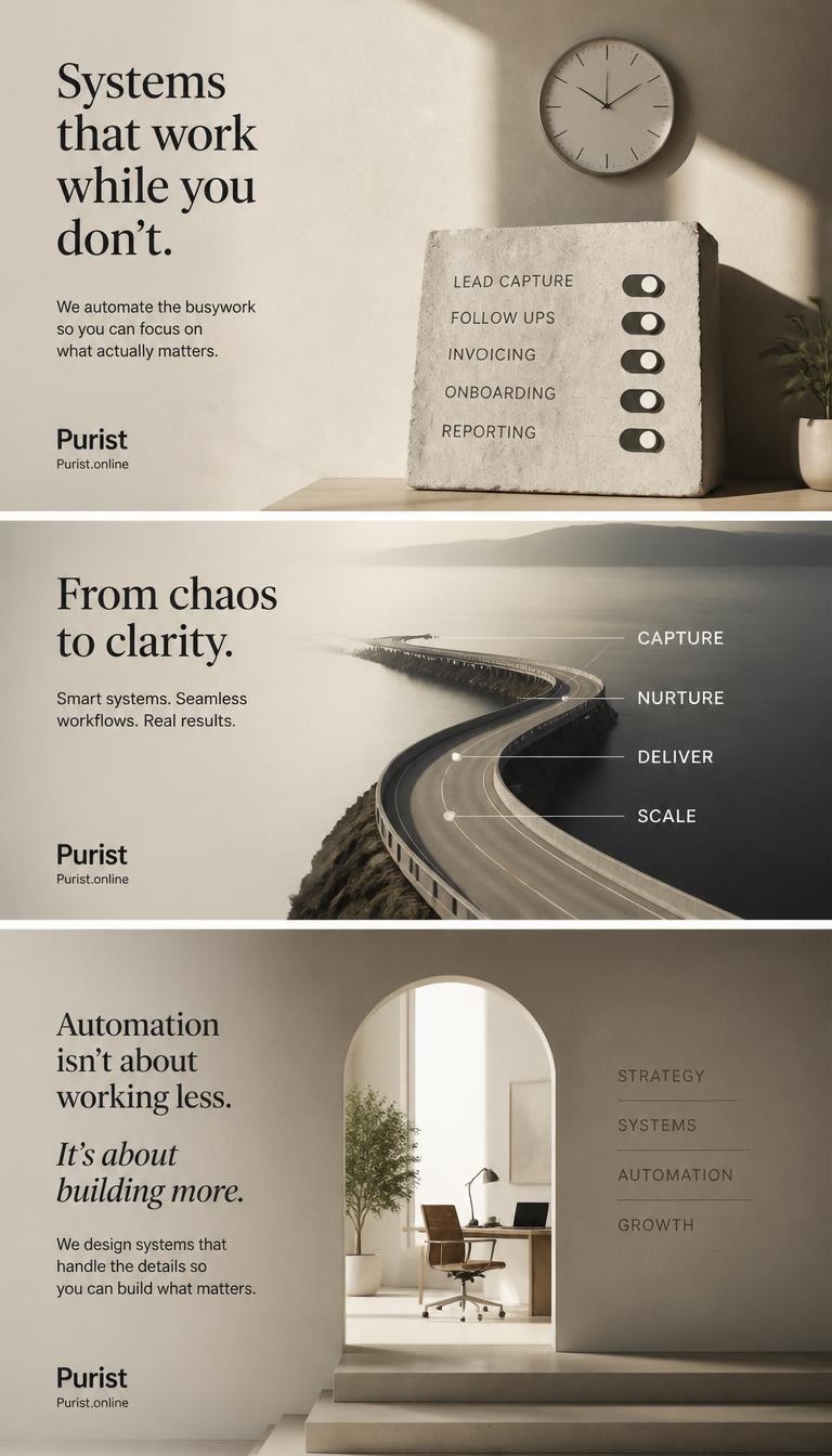 Workflows that work without you working, Purist systems handle execution while you lead the vision