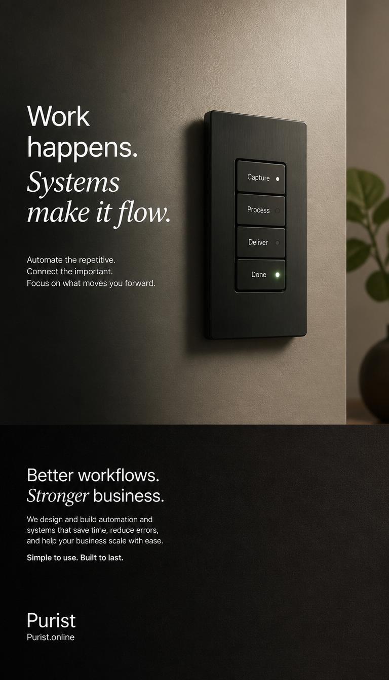 Systems that work while you focus on what matters, Purist automation and workflow design for businesses