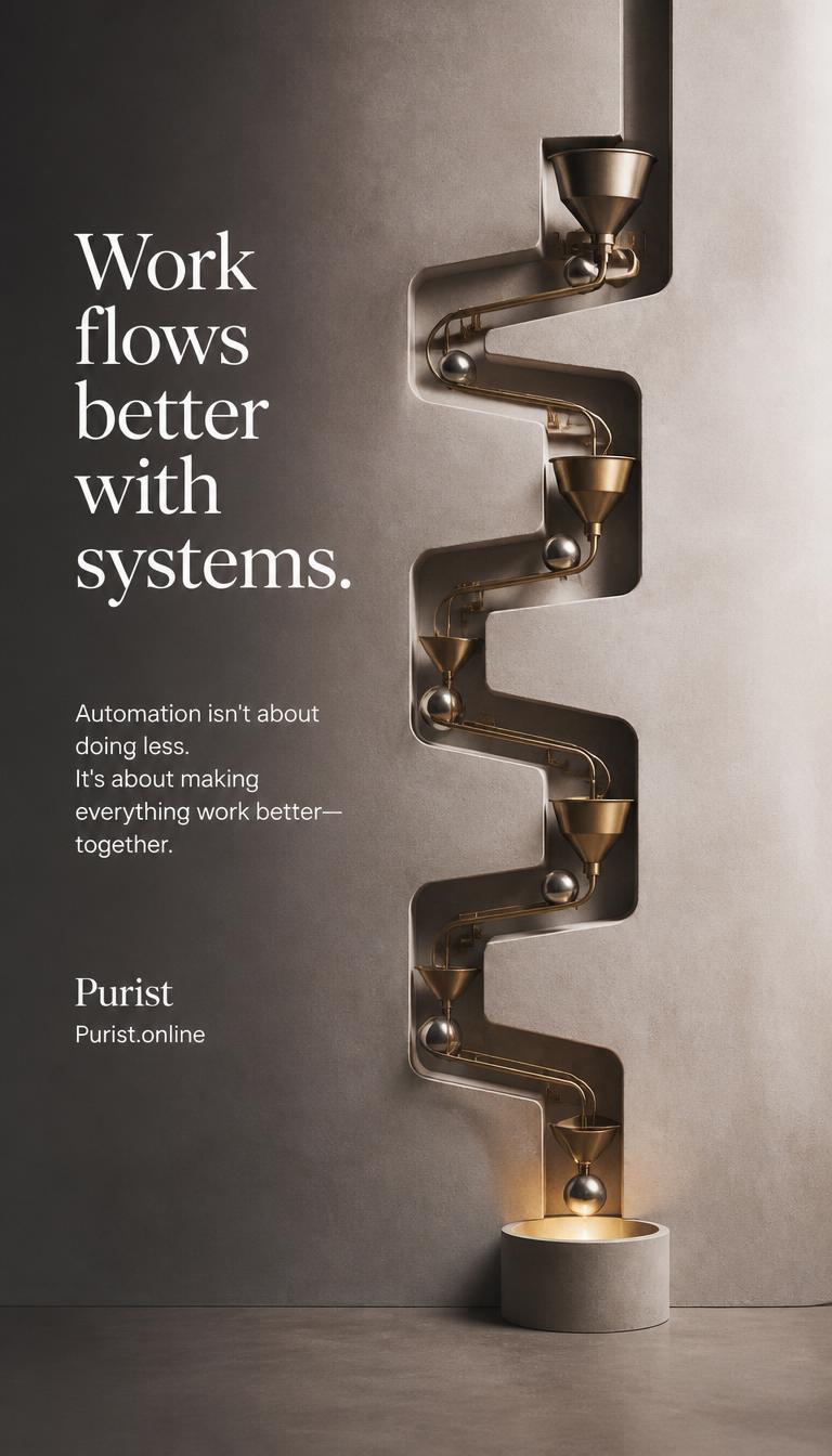 Work flows better with systems, Purist interconnected automation machine where every step triggers the next