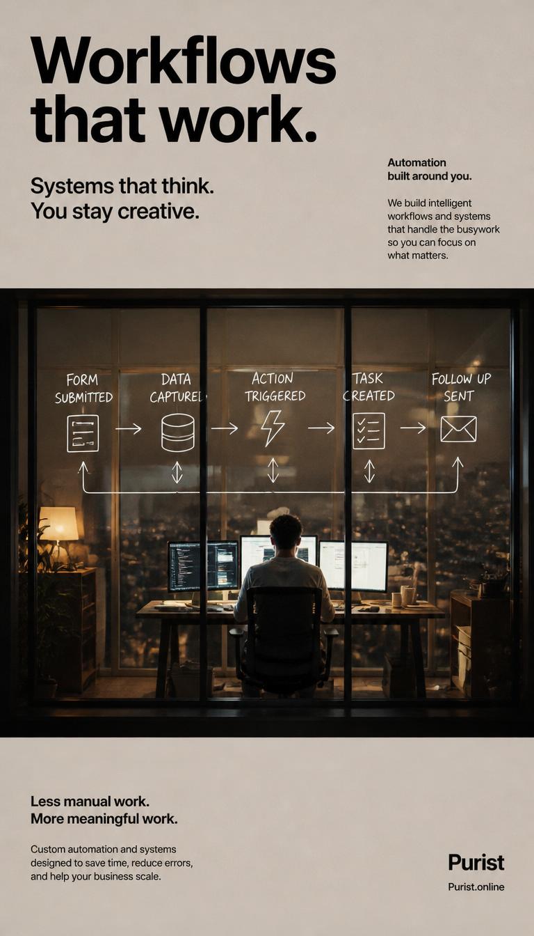 Workflows that work systems that think, Purist AI automation builds the pipeline while you stay creative