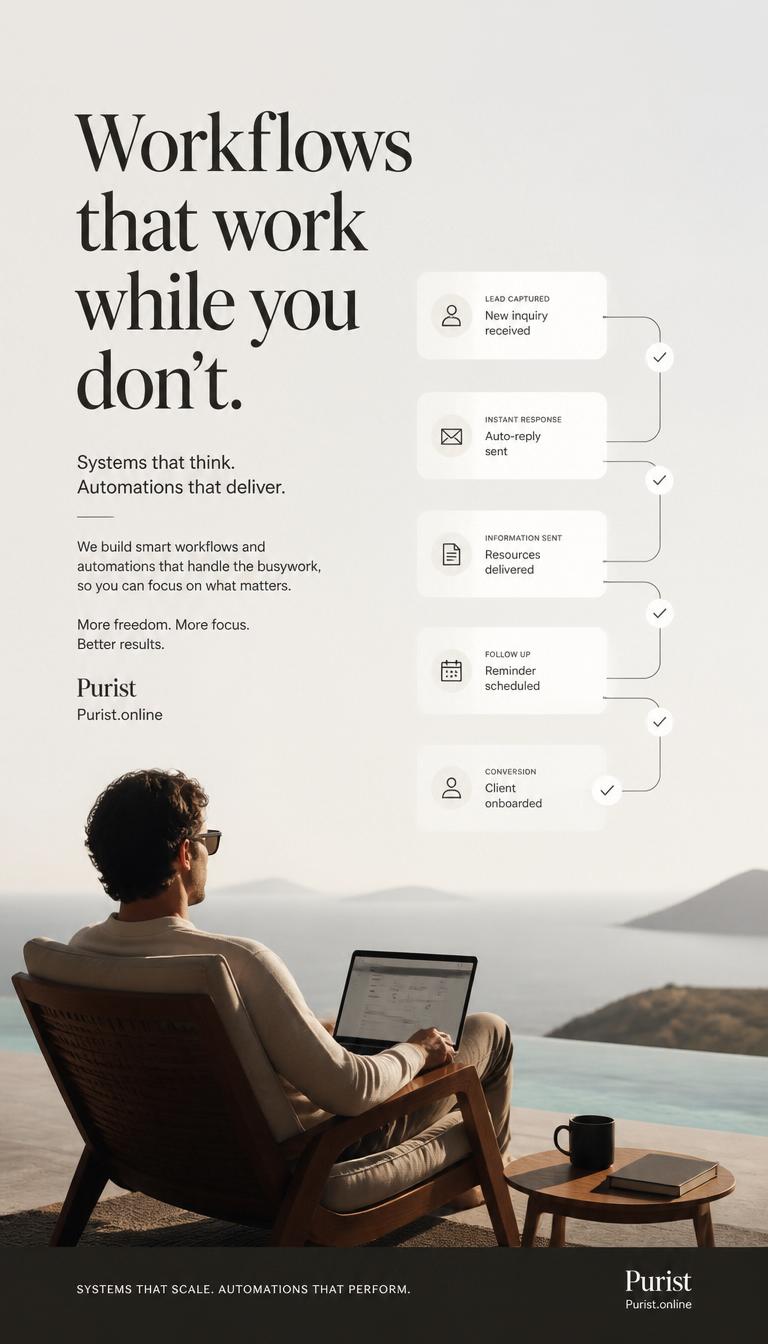 Workflows that work while you do not, Purist automation handles every client touchpoint from lead to loyal