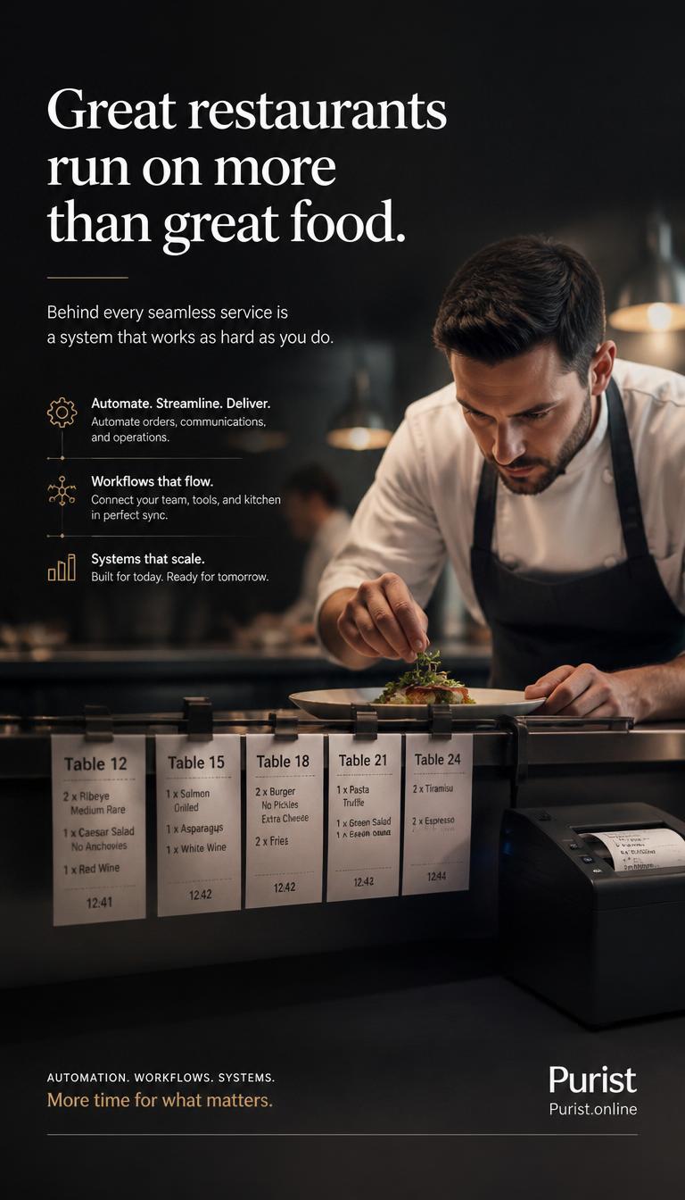 Great restaurants run on more than great food, Purist automation for restaurant orders workflows kitchen operations and seamless service