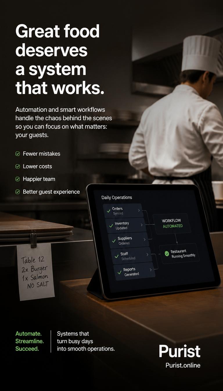 Great food deserves a system that works, Purist restaurant workflow automation for daily operations orders inventory suppliers staff and reports