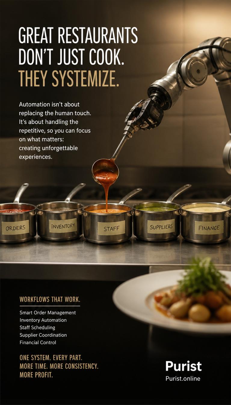 Great restaurants don't just cook they systemize, Purist robotic automation handles restaurant orders inventory staff suppliers and finance end to end