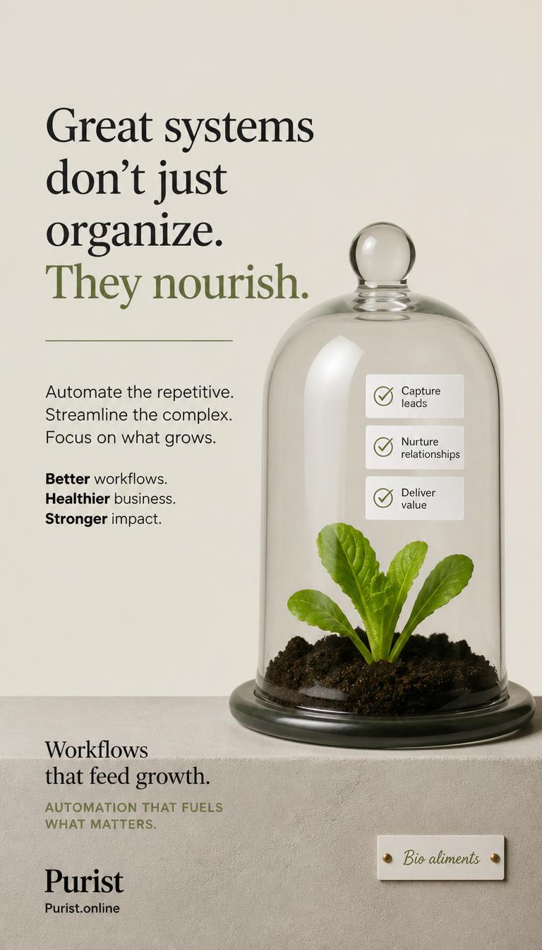 Great systems don't just organize they nourish, Purist bio food automation captures leads nurtures client relationships and delivers value reliably