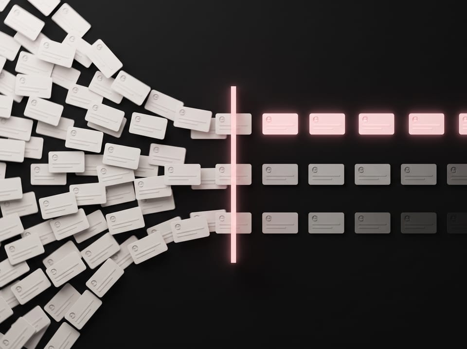 Hundreds of lead profile cards pile up on the left, pass through a glowing confidence gate, and come out as three ordered rows: one highlighted row of leads worth messaging and two fading rows that are held back