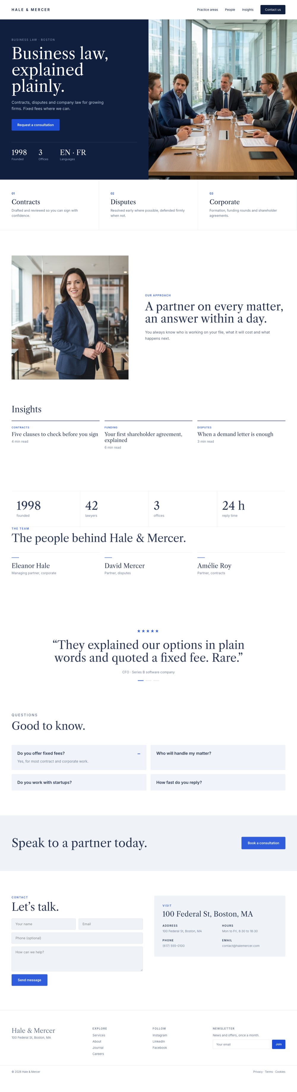 Full homepage of Hale & Mercer, a corporate trust website example