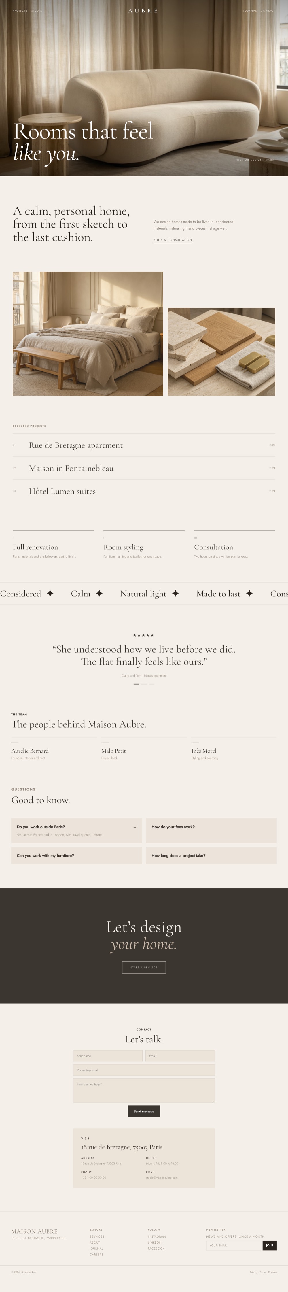 Full homepage of Maison Aubre, a editorial luxury website example