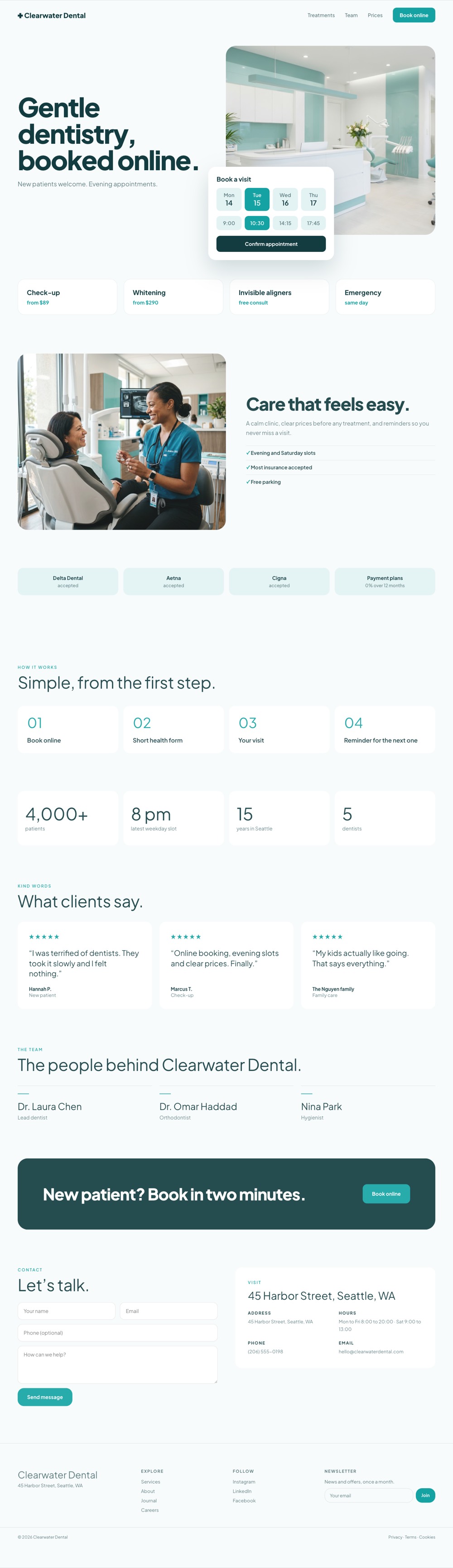 Full homepage of Clearwater Dental, a clean medical website example