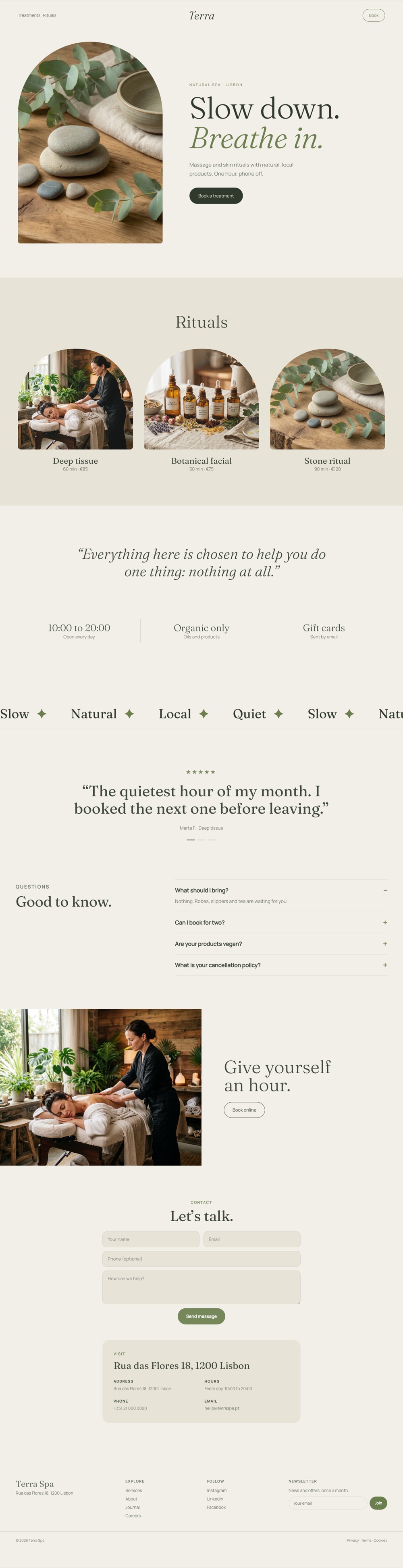 Full homepage of Terra Spa, a organic calm website example