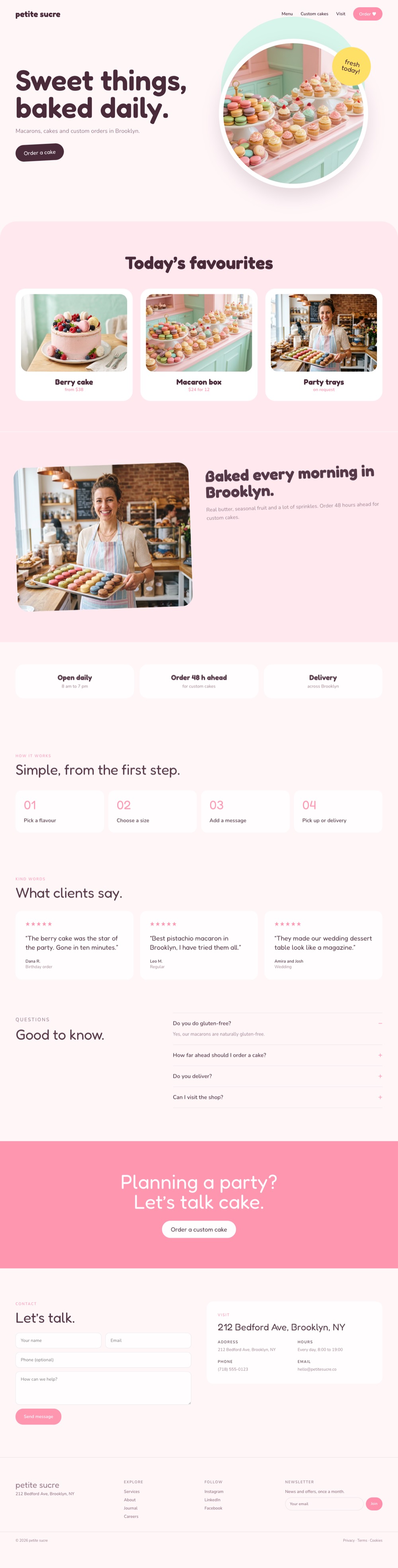 Full homepage of Petite Sucre, a playful pastel website example