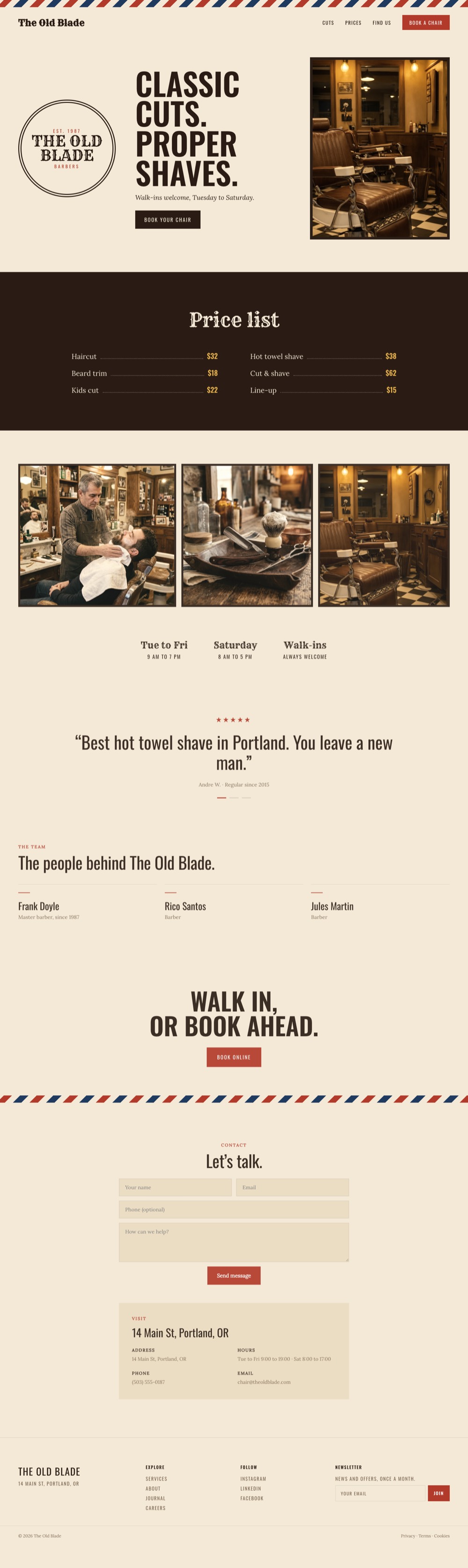 Full homepage of THE OLD BLADE, a retro character website example