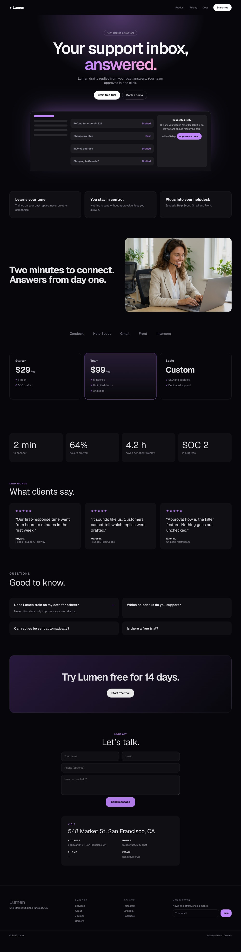 Full homepage of Lumen AI, a dark tech website example