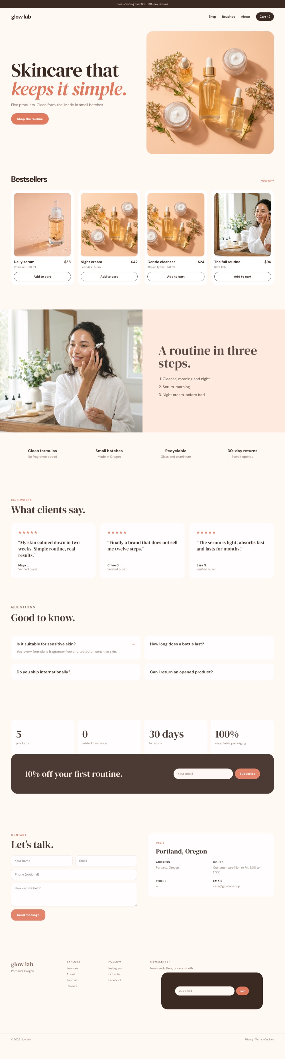 Full homepage of Glow Lab, a product shop website example